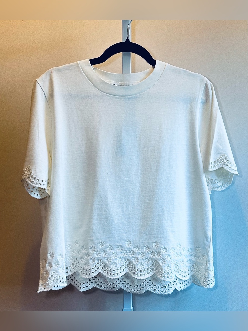 J.Crew Premium Weight Scalloped Eyelet Cotton Tee Ivory NWT Medium